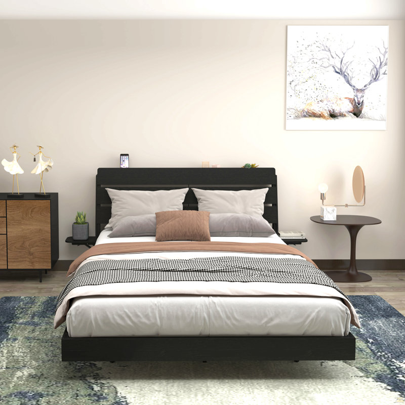 Cadre de lit flottant grand avec lumières DEL et station de charge, cadre de lit grand en bois avec tête de lit