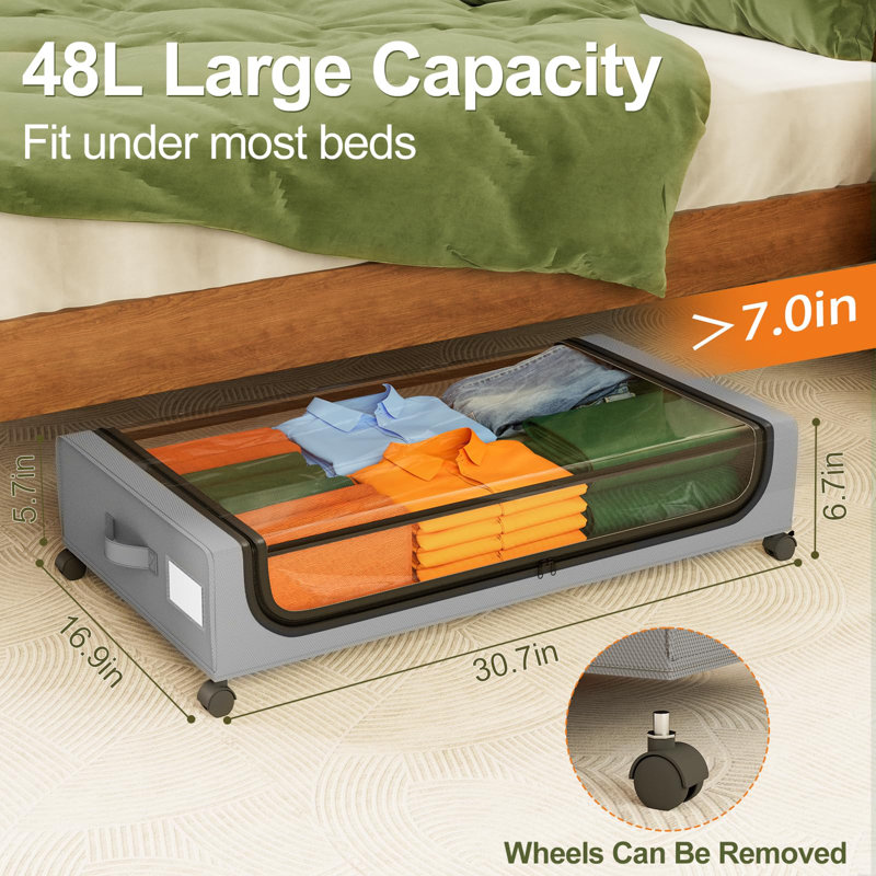 Rangement sous le lit avec roulettes: Contenants de rangement sous le lit de 48 L avec couvercles - Bacs à roulettes pour les vêtements dans la chambre à coucher - Tiroirs en métal - Ensemble de 4 tiroirs gris faciles à retirer