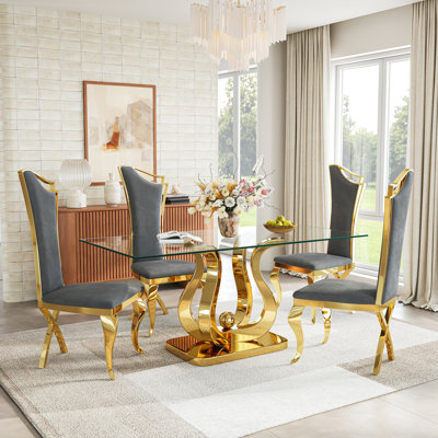 Modern 69" Rectangular Glass Dining Table Set, Tempered Glass Top, Polished Stainless Steel S-Shaped Base, And High-Back Chairs With X-Shaped Legs