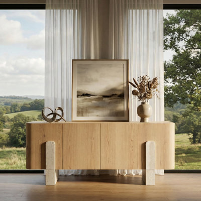 Buffet Dreft Modern en placage de chêne clair avec pieds en faux marbre - 78 po