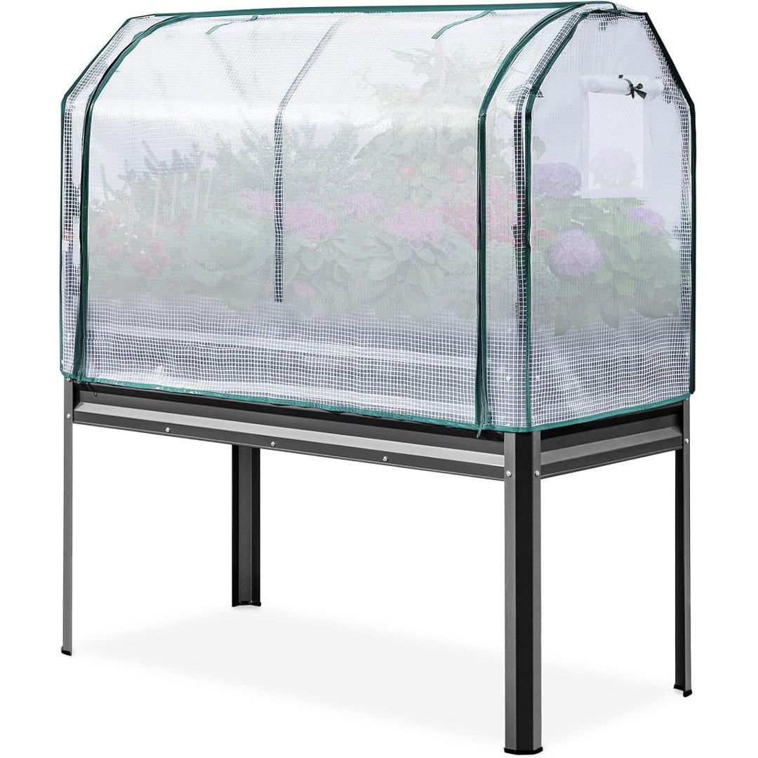 KING BIRD Large Raised Garden Bed with Cover, Galvanized Elevated Planter Box with Legs for Backyard, Patio, Balcony, 120x58x140cm