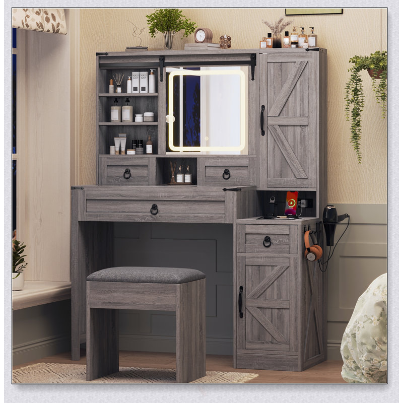 Farmhouse Vanity Desk With Sliding LED Mirror And Lights, Glass Top, Charging Station, And Ample Storage For Cosmetics And Accessories