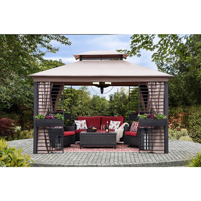 Sunjoy 11 ft. x 13 ft. Gazebos with Planters, Contempo Outdoor Patio Steel 2-Tier Soft Top Gazebo with Netting and Curtains