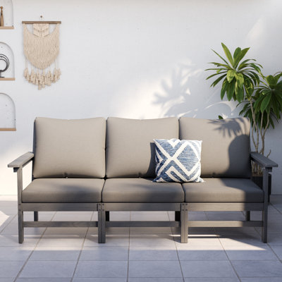 Outdoor 71"W HDPE Modular Modern Sofa With 5" Thick Cushions & Natural Wood Texture