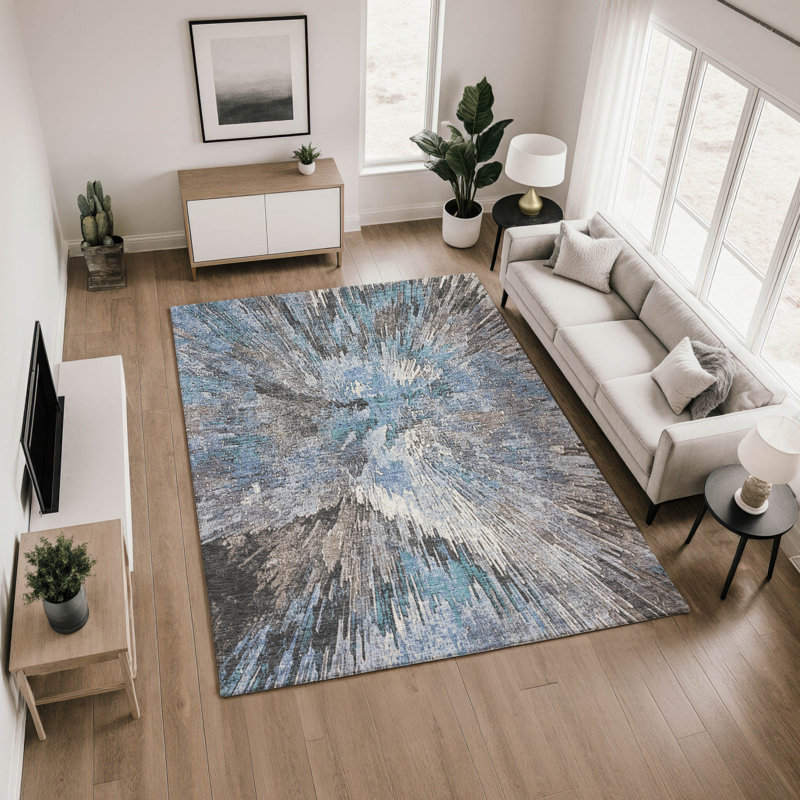 Premium Machine Washable Mayfield AMF2283 Abstract Rug, Denim, 10' x 14'