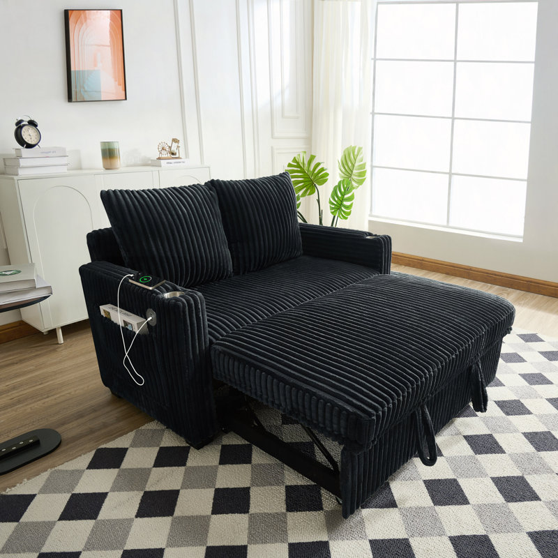 Canapé-lit inclinable de 53 po avec fonction de charge USB, canapé escamotable, tissu en velours côtelé, dossier inclinable à cinq positions; convient à une chambre à coucher ou à un bureau.