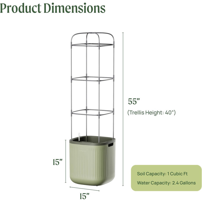 Sage Green Self-Watering Indoor Outdoor Planter with Trellis