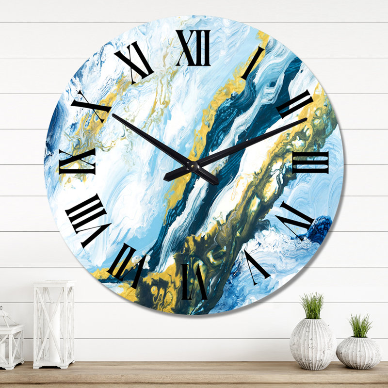 Bleu avec art liquide doré - horloge murale moderne, Moyen