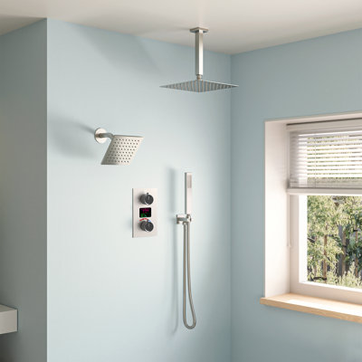 Dual Showerheads Digital Shower System, 12" Ceiling Mount Rainfall Shower Faucet with Handheld Shower