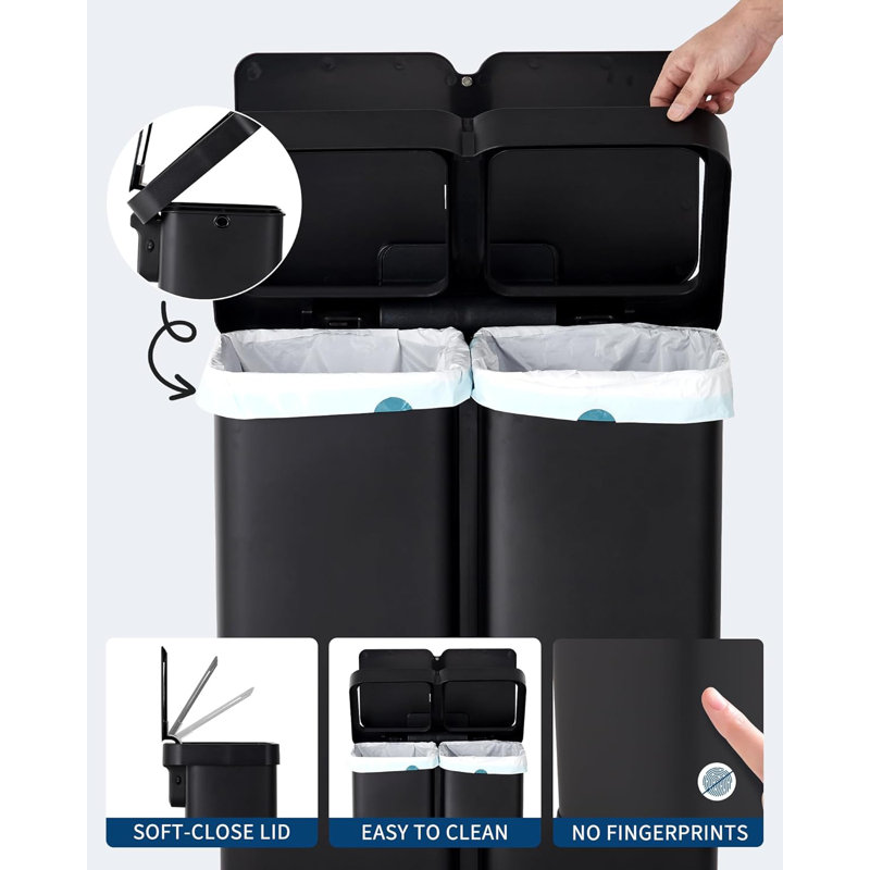 Poubelle à capteur de mouvement 16Gal 30L à double compartiment, Noir