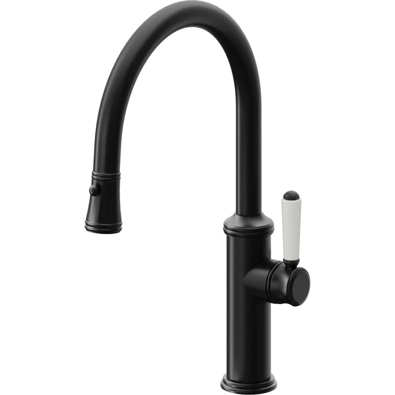 Davoli Kitchen Pull-Down Faucet with Button Sprayer - Low Arc Spout, Matte Black