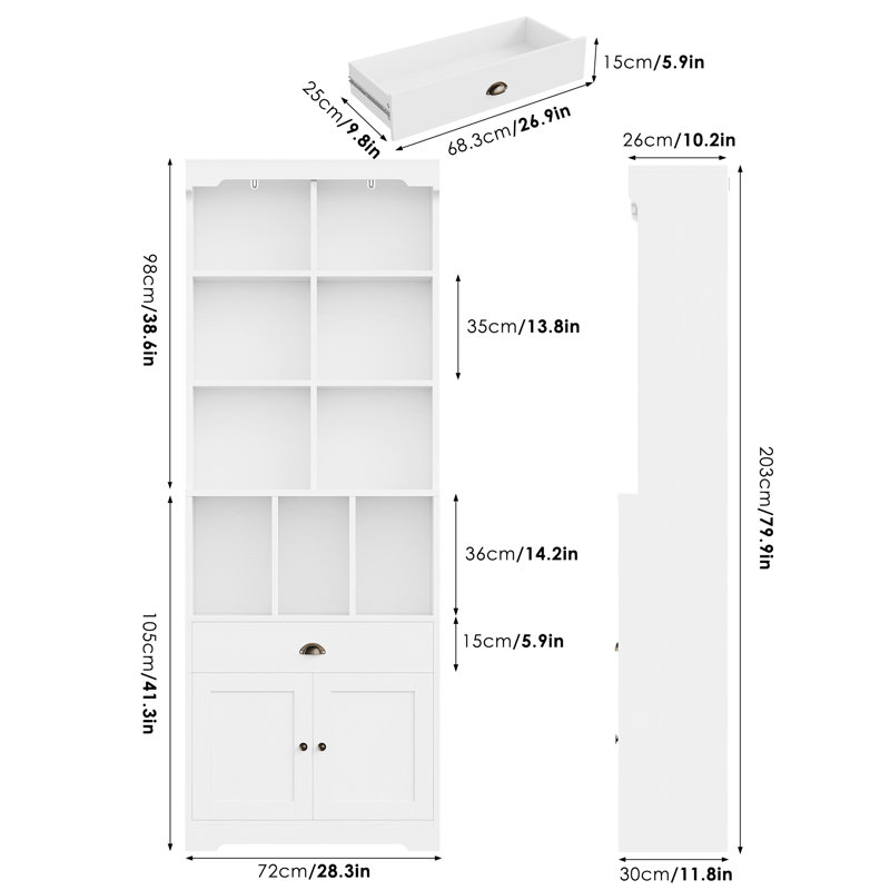79.9"H Storage Bookcase With Drawer, White