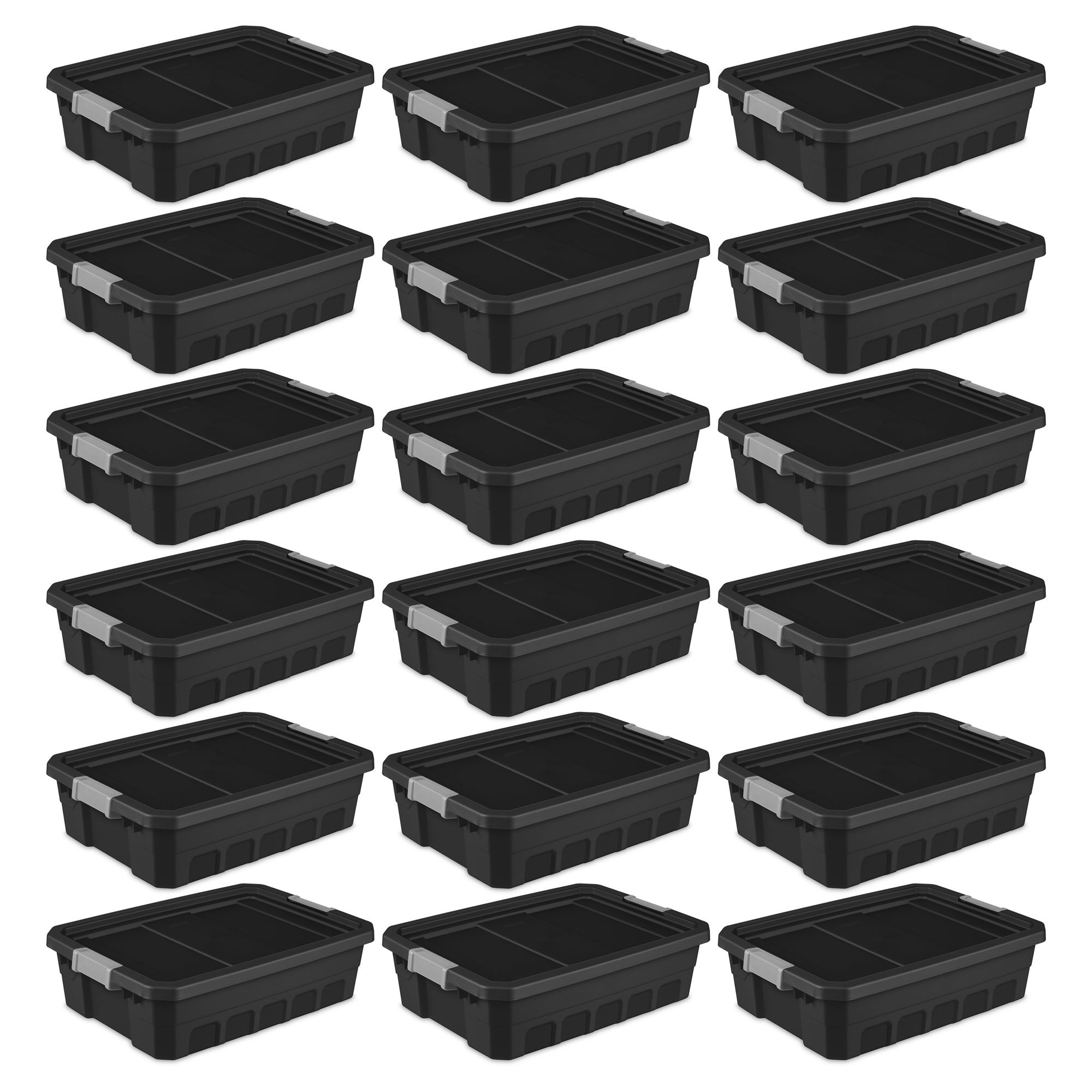 Sterilite 15 Gal Industrial Tote, Stackable Storage Bin with Latching Lid,  Plastic Container with Heavy Duty Latches, Black Base and Lid, 6-Pack