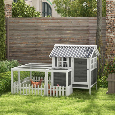 Poulailler en bois avec enclos pour 3 à 4 poulets, poulailler avec nichoir, plateau amovible, clôture, cage à volaille extérieure, 68 po x 59 po x 42 po, gris