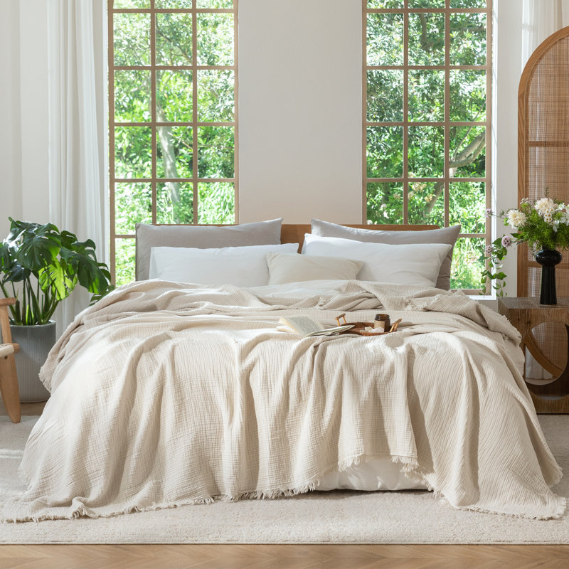 Jeté 100% coton 4 couches avec frange MooMee Airy, Beige, Très grand (104 po x 90 po)