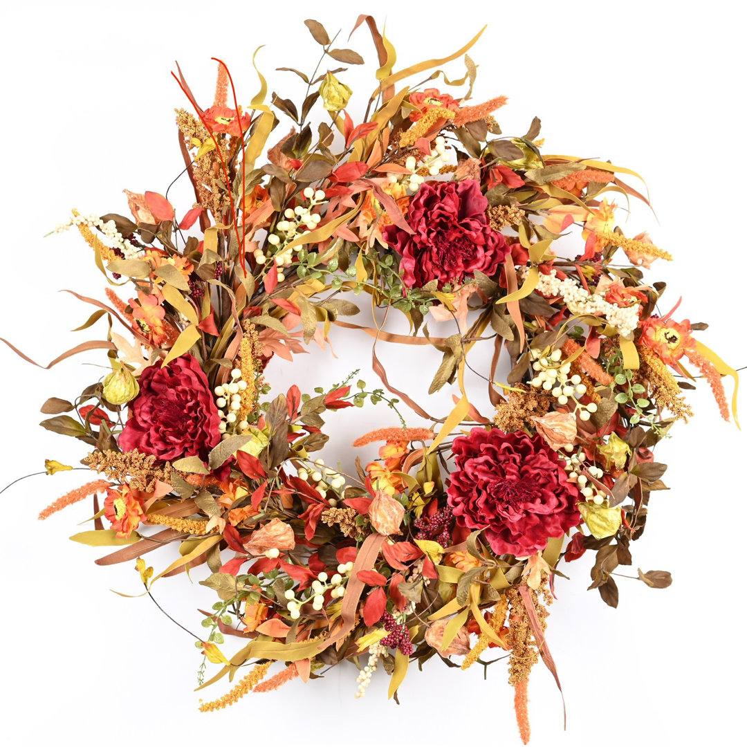 26" Fall Thanksgiving Day Peony Floral Wreath for Front Door Primrue Wreath 