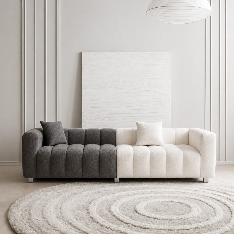 Canapé rembourré en velours de 84 po avec dossier bas et canapé 3 places 84 po, Blanc / Gris
