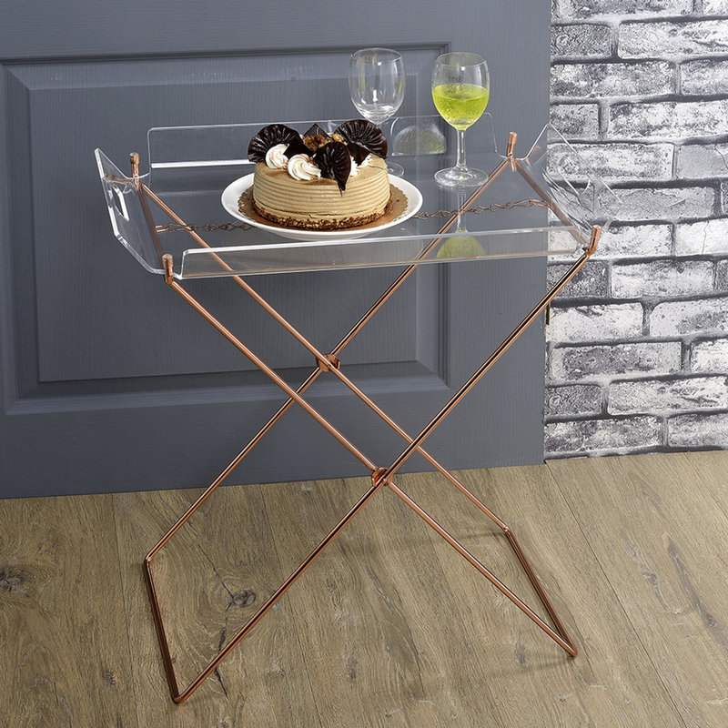 Table moderne en acrylique transparent avec base en forme de croix et plateau élégant en cuivre amovible pour le salon