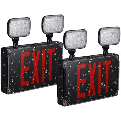 Led Exit Sign Light, Red Letter Exterior Battery Backup Emergency Light Signs With Dual Heads, Black