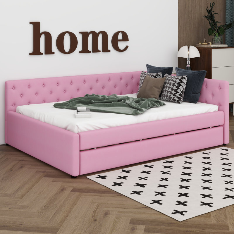 Full XL Size Upholstered Daybed With Pull-Out Trundle Bed, L Shaped Corner Sofabed Frame With Tufted Design Backrest, Pink