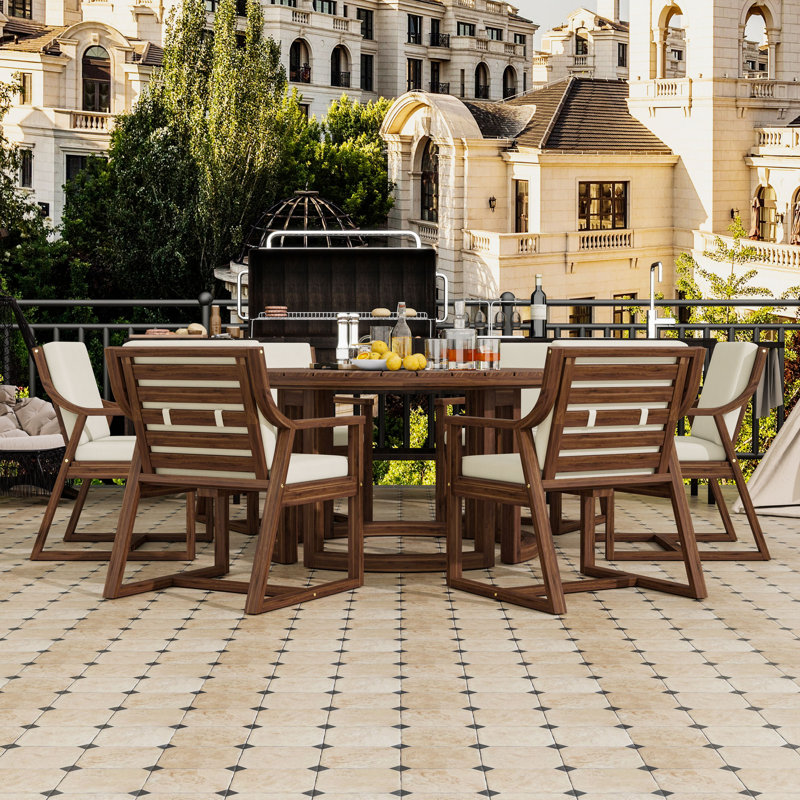 7-Piece Outdoor Dining Table Set with Hollow Design Tabletop, Removable Cushions and Umbrella Hole, Mocha