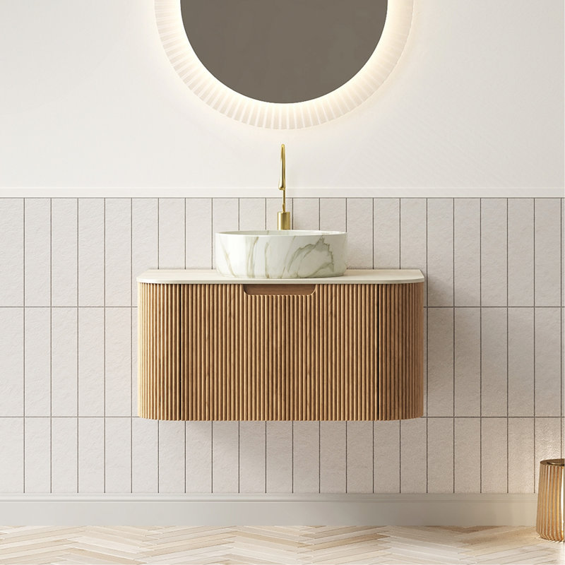 Meuble-lavabo 30 po, meuble-lavabo rayé à bords arrondis avec tiroir, cuve ronde en céramique avec motif en pierre et plateau en pierre frittée à motif de travertin, grain de bois naturel pré-assemblé