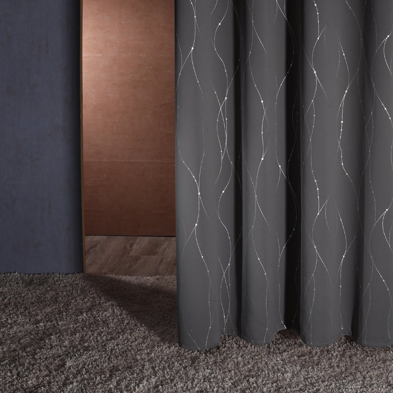 Gray Polyester Blackout Grommet Curtains with Silver Pattern