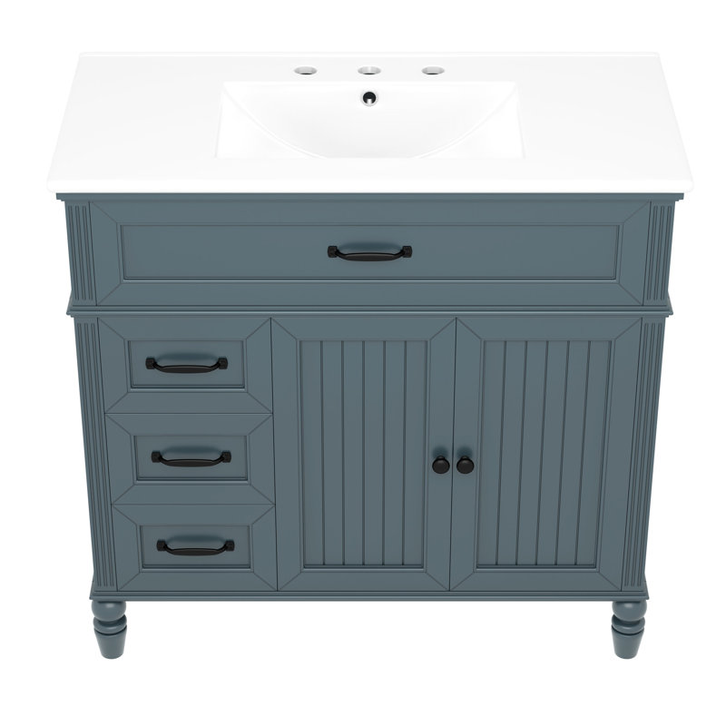 Meuble-lavabo autoportant de 36 pouces, bleu, bois massif et construction, lavabo en céramique avec trop-plein, tiroirs d'armoire, système de glissières, armoire bleue facile à nettoyer, cadre, panneau, évier,