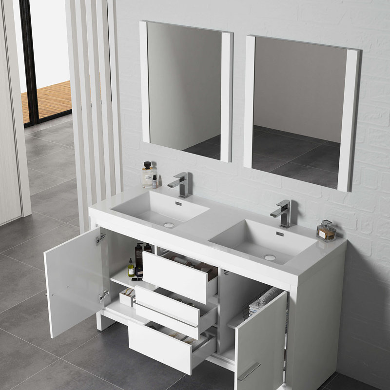 Artemis 60'' Freestanding Double Bathroom Vanity with Sink and Mirror, Glossy White