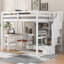 Lit mezzanine double avec bureau en L et tiroirs, armoire et escalier de rangement, blanc