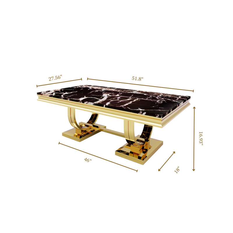 Modern Black Marble Coffee Table With Gold Metal Base In Rectangular Shape