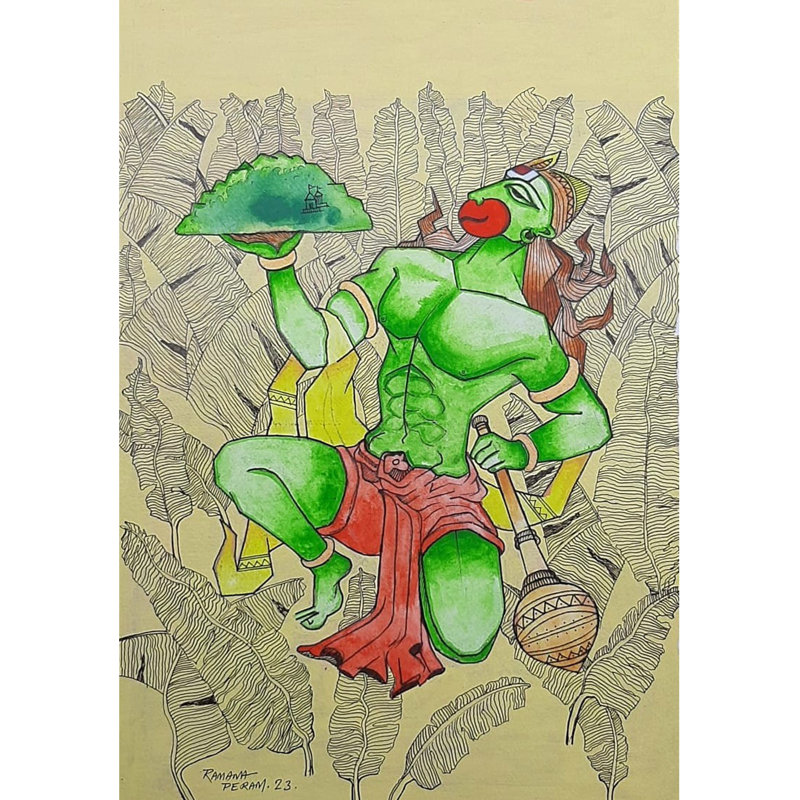 Veer Bajarangi tenant la montagne des herbes de Sanjeevani | Acrylique sur papier Canson | Ramana Peram