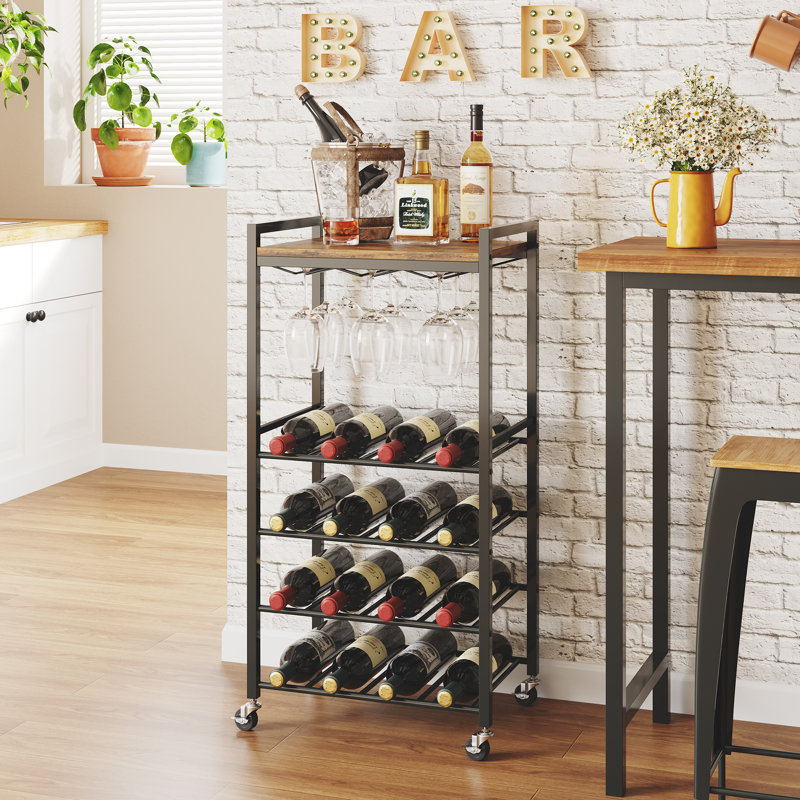 Support à vin à 5 niveaux avec plateau de table et porte-verres, chariot rustique en bois brun et métal, peut contenir 16 bouteilles