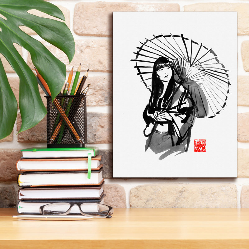 «Geisha Under Umbrella» par Pechane, H 16 po x l 12 po x P 0,75 po
