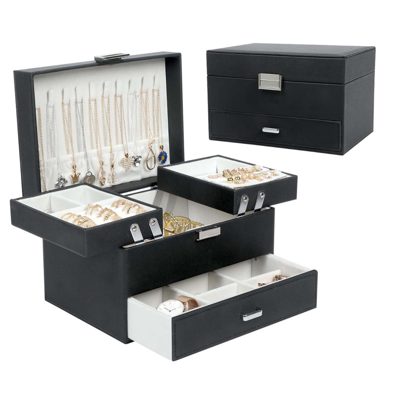 Boîte à bijoux, organisateur 3 couches, noir, rangement pour boucles d'oreilles, bagues, colliers et bracelets