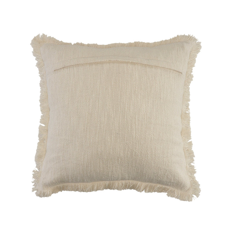 Off-White Cotton 20" Square Fringed Throw Pillow