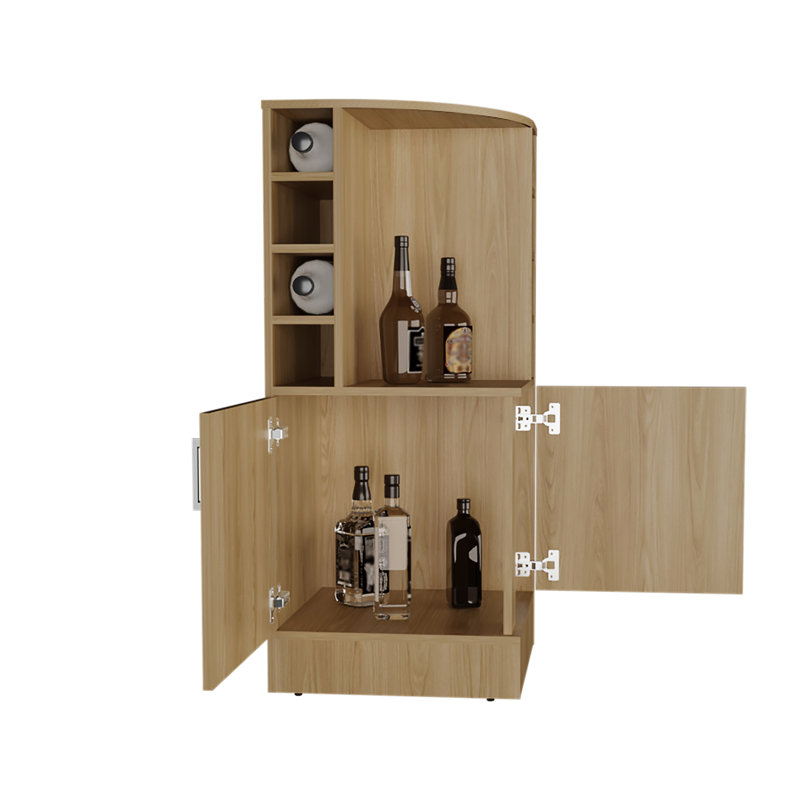 Armoire de bar de coin de 42 po, huit bouteilles de spiritueux, double porte, look moderne haut, bouteilles, intérieur, Chêne