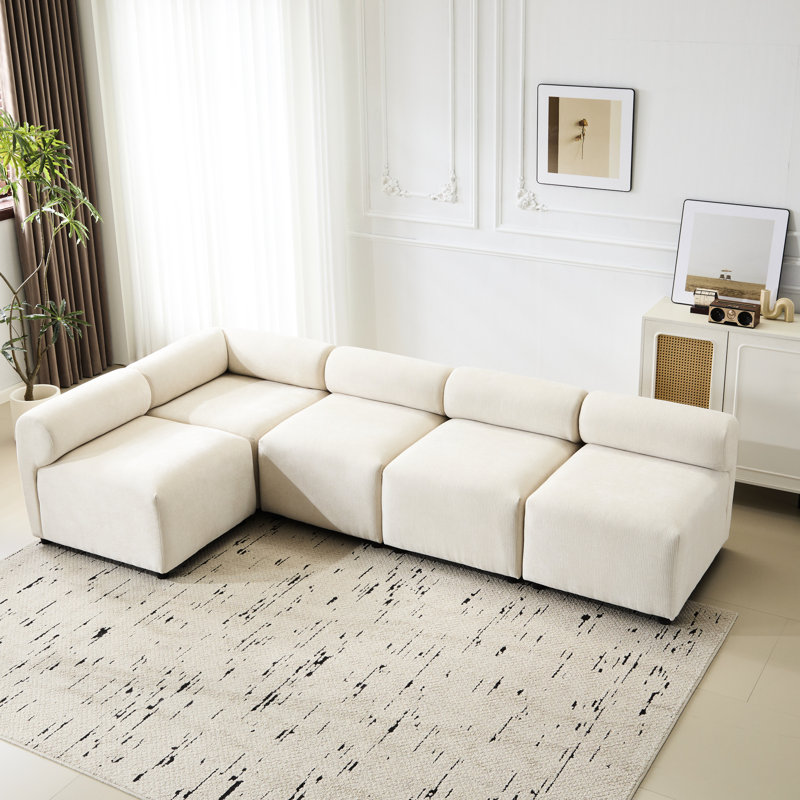Canapé modulaire en forme de 5 L, 109 po Détails de la mesure de la profondeur, siège en tissu beige revêtu de tissu d'ameublement surdimensionné à ressorts sinueux surdimensionnés à 4 sièges, mousse à haute densité confortable