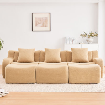 Camel à trois places sans os, tissu, sans assemblage, accoudoir incurvé, structure coulissante, éponge ergonomique haute densité 32d pour les rassemblements à domicile en chameau, design de qualité, espaces de détente
