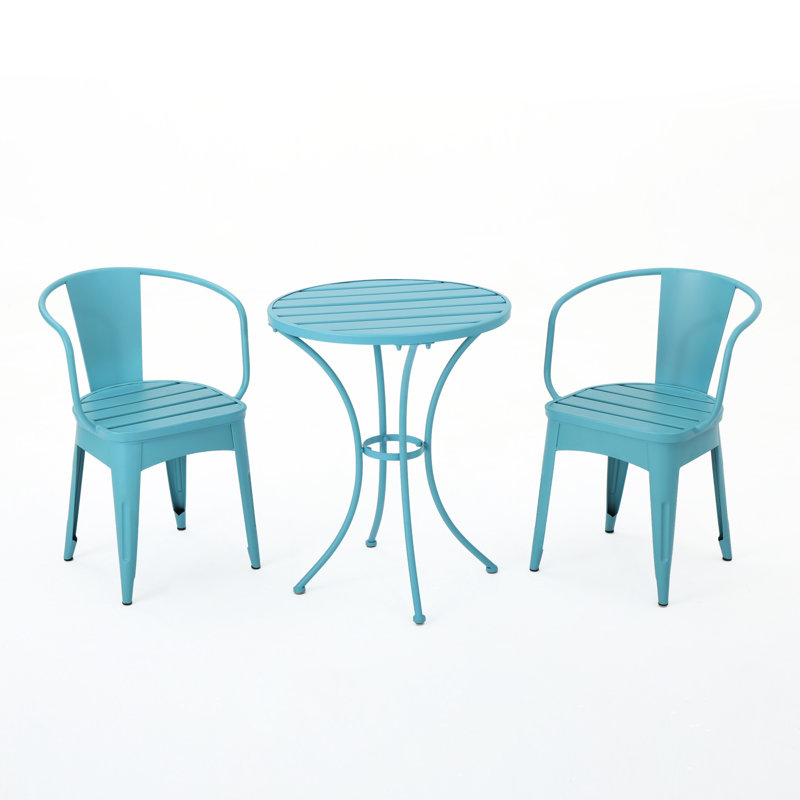 Bistro d'extérieur en métal 3 pièces Kd en bleu. Durable avec fer thermolaqué. Chaise: H 18/30 po x l 16,25 / 20 po x P 16,25 / 20,5 po.