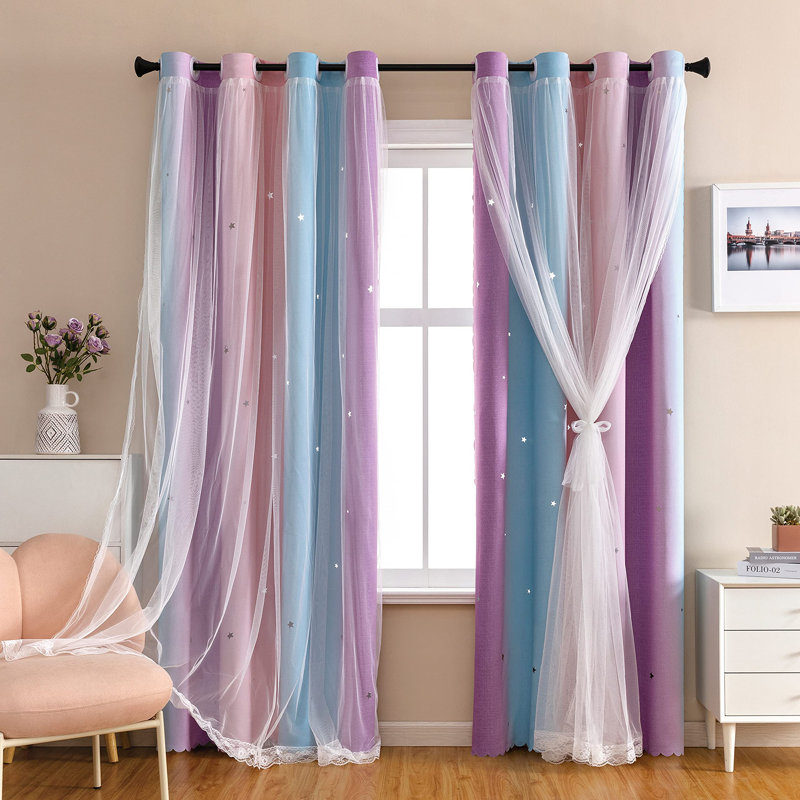 Rideaux arc-en-ciel pour chambre d'enfant - occultant, 1 panneau avec décalcomanies murales licorne, Gris / rose / mauve