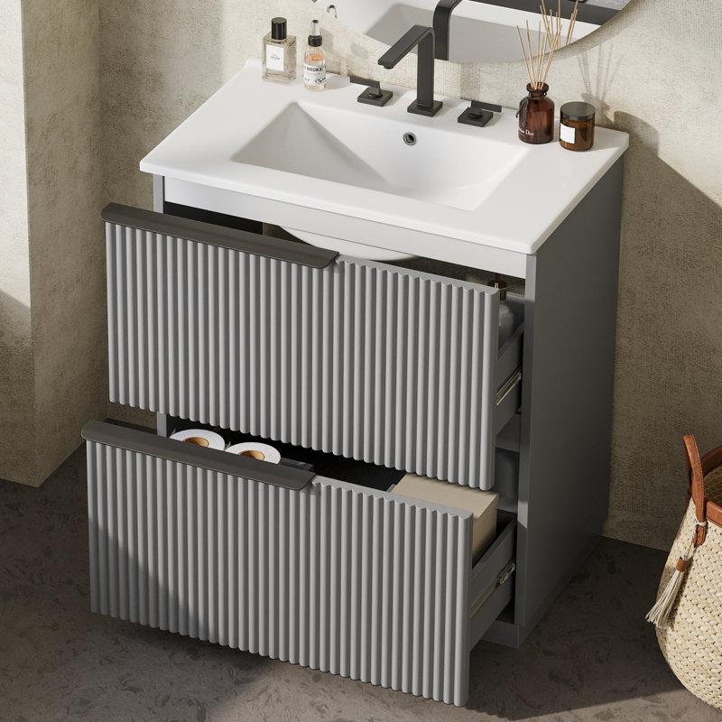 Diamantoula 30" Freestanding Bathroom Vanity With Ceramic Sink & Fluted Drawers, Gray