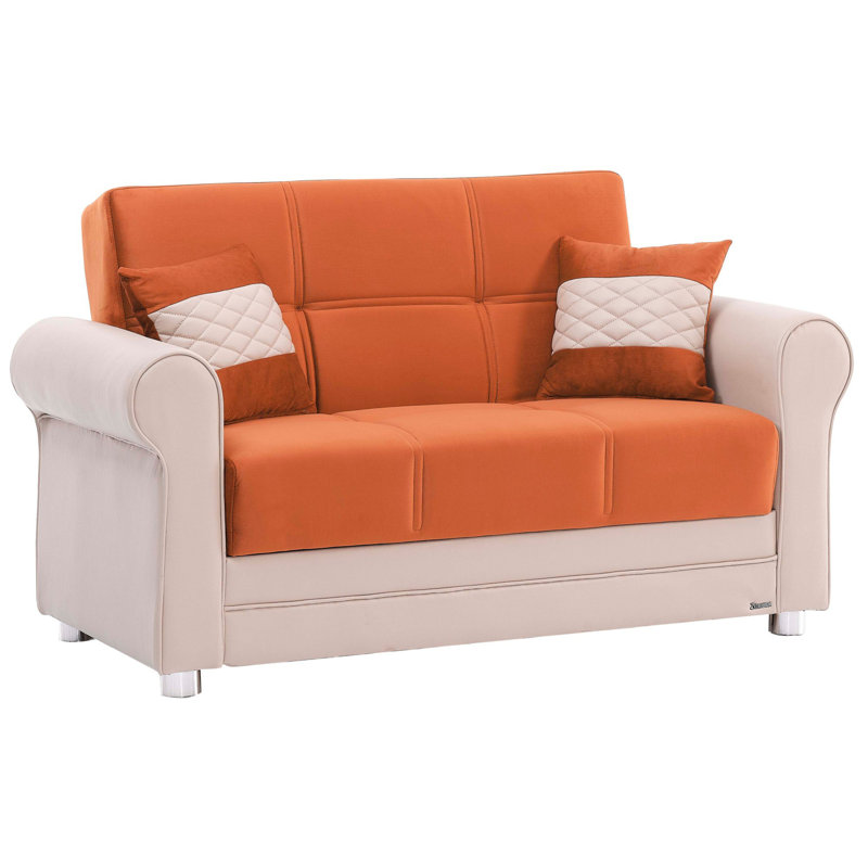 Sara Fabric Upholstered 3-in-1 Sleeper Sofa Bed with Storage, 35.8"H x 63''W x 31.5''D, Orange/White Microfiber