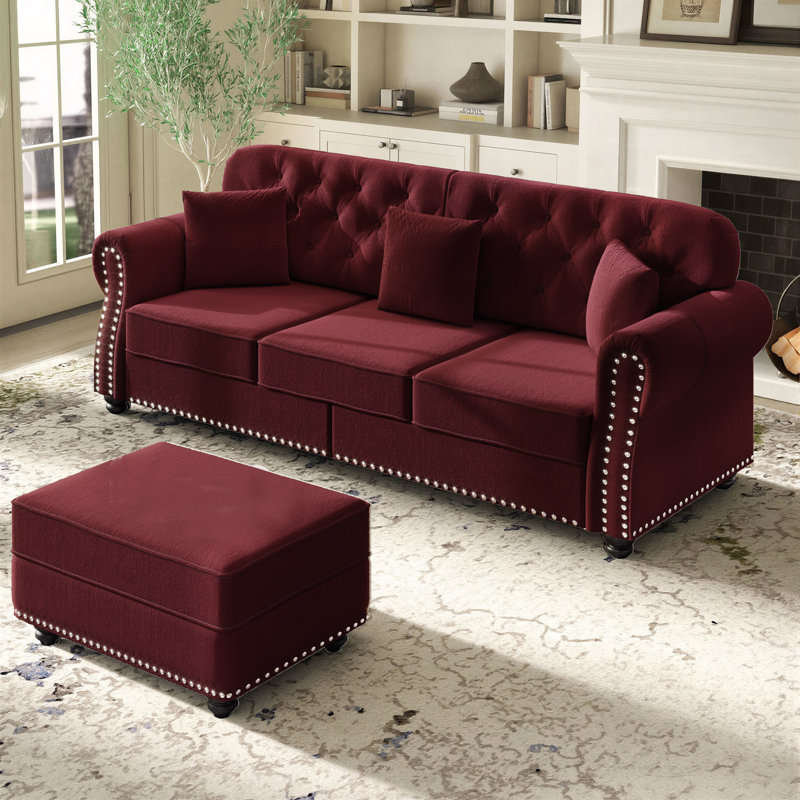 Canapé modulaire en velours de campagne avec repose-pieds Annalease Chesterfield, 33 po H x 82 po L x 29 po P, Rouge
