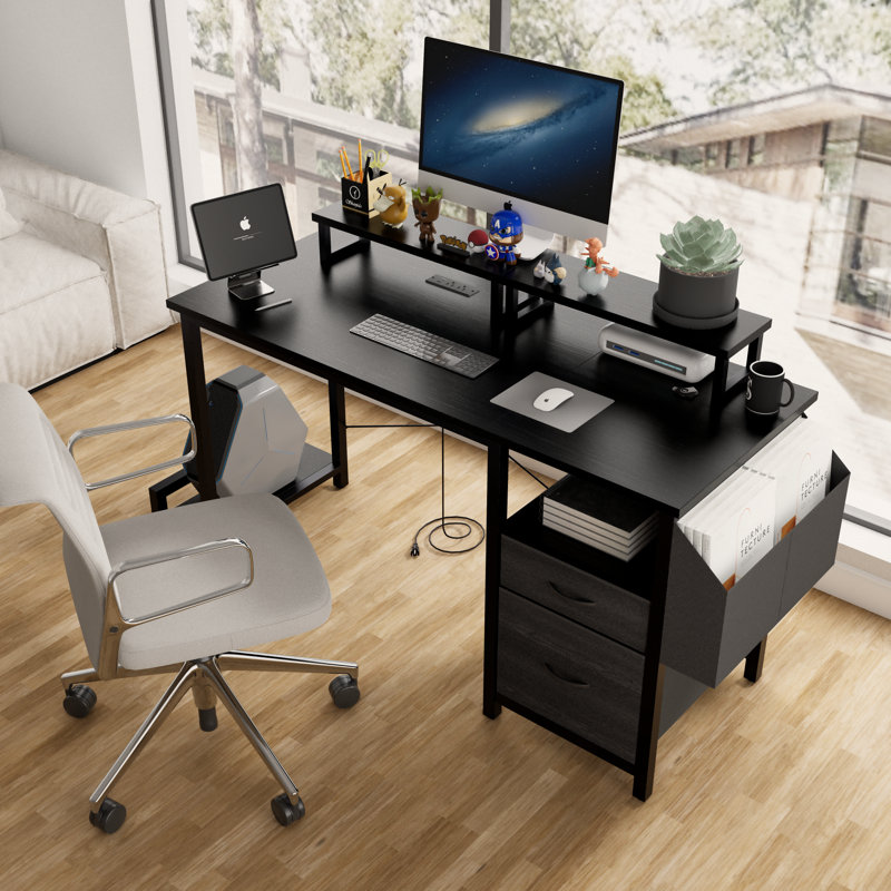 47.3"Office Desk With Power Outlet,2 Monitor Stands,2 Drawers,Side Pocket,Easy To Assemble,Frame Stability Reversible,Use For Home Desk, Computer Desk, Game Table