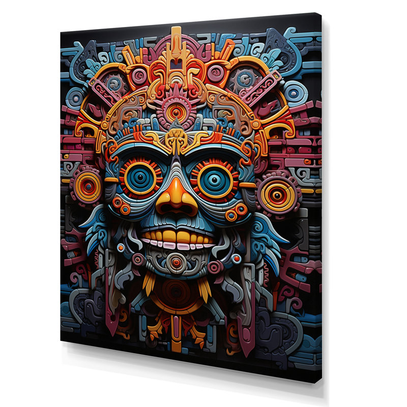 «Albali Teal Orange Mexico Vibrant Aztec Mask», art mural Mexique encadré, Toile tendue, 32" H x 24" W