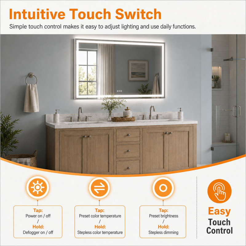 Iris 48 in. W x 36 in. H Rectangular Frameless LED Wall Bathroom Vanity Mirror in Silver, 36" x 48"