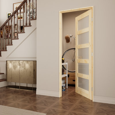 Intérieur: porte en bois de pin et verre givré 5-Lite, porte pré-suspendue en bois massif naturel Colonial, verre trempé SGCC, avec trousse de joint, bande d'étanchéité, charnières argentées et porte à droite, sans finition et à peindre, pour garde-manger, chambre à coucher, salle de bain et garde-robe, 28 po "x 80"