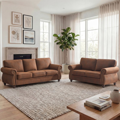 2-Piece Rolled Arm Fabric Sofa Set，Nailhead Trim & Solid Wood Legs Living Room Set
