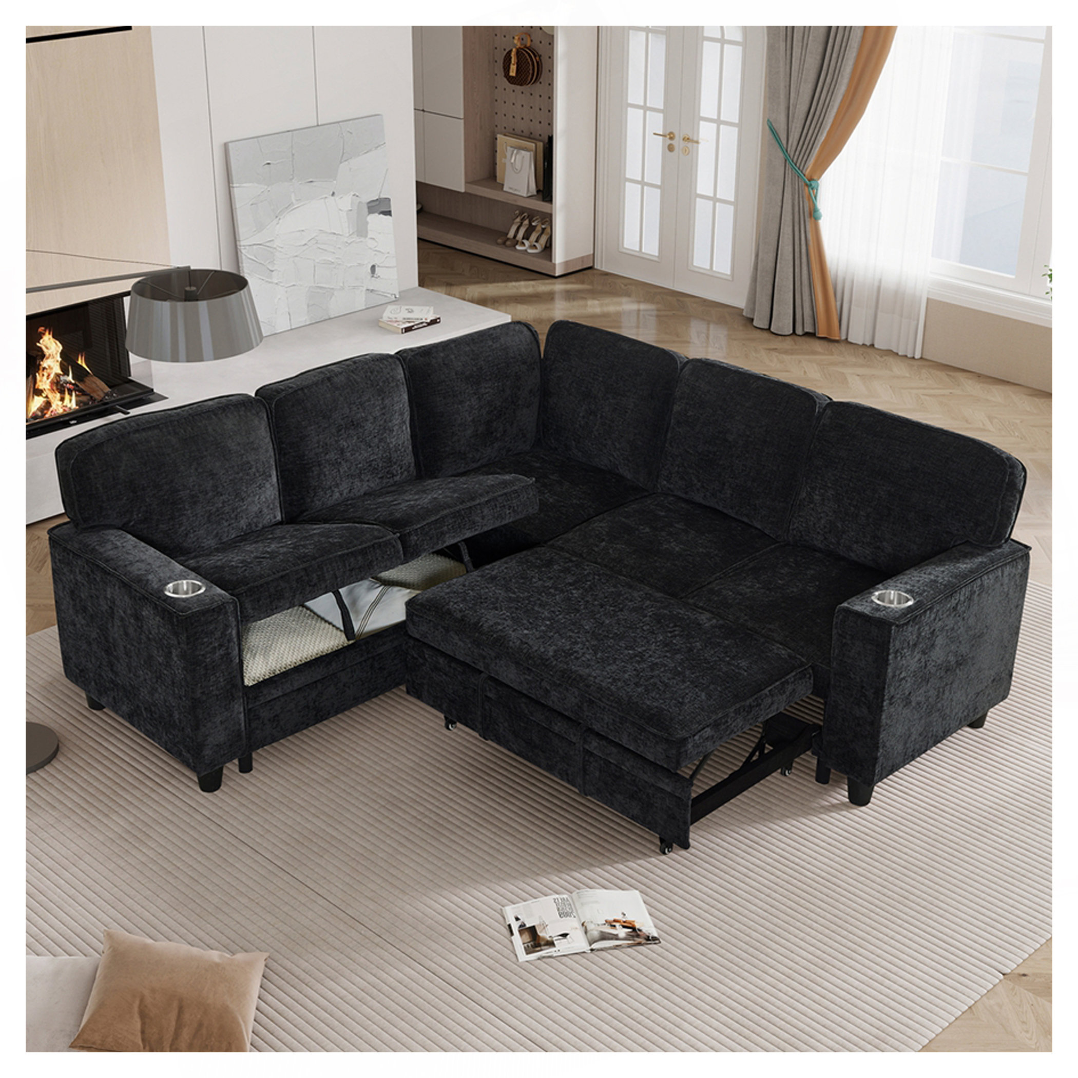 Latitude Run® L-Shaped Sofa With Pull Out Sofa Bed, Sleeper Sofa Couch ...